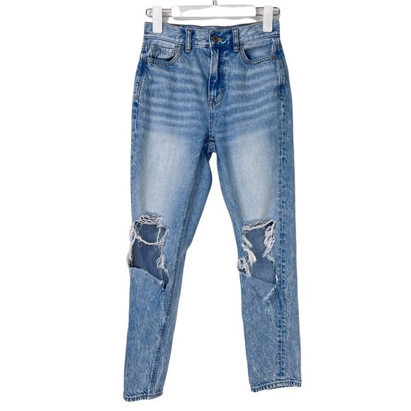 AE American Eagle Mom Jeans Distressed Destroyed Cotton Denim Size 00 Short - Picture 1 of 11